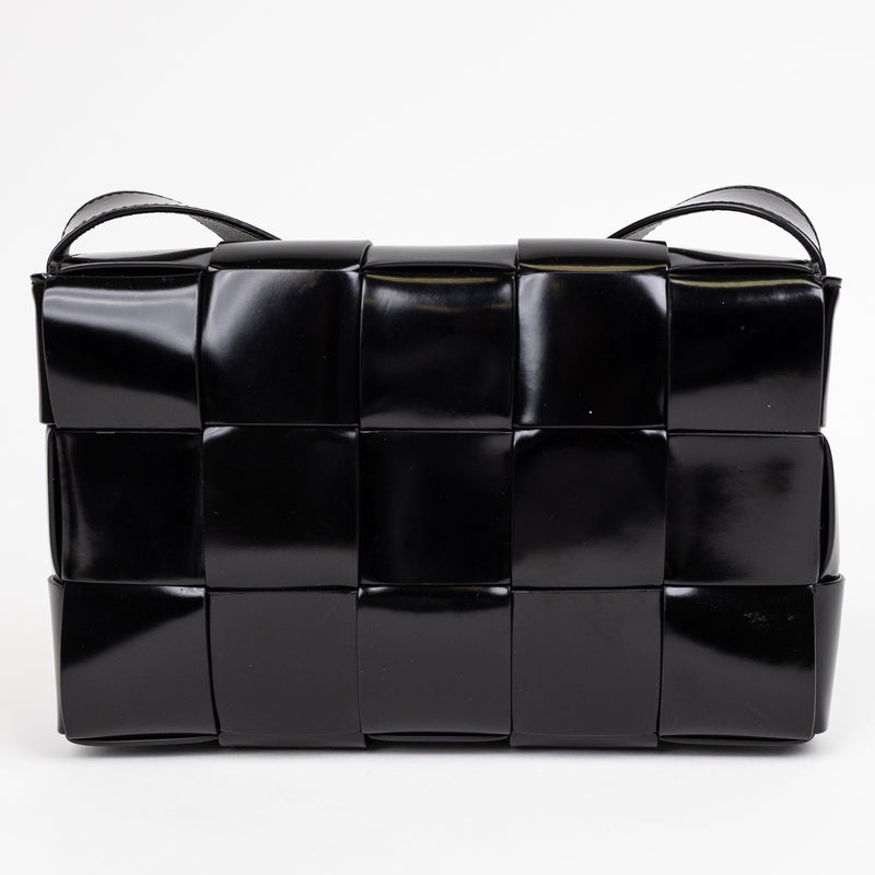 Bottega Veneta Black Patent Leather Spazzolato Woven Cassette Bag