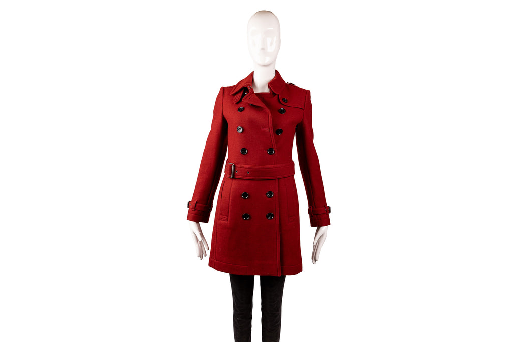 Burberry Brit Red Wool Blend Double Breasted Trench Coat Size S