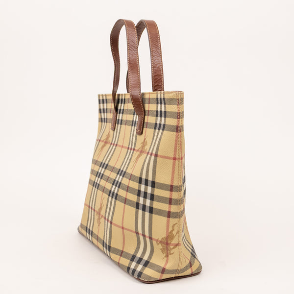 Burberry Double Handle Nova Tan Beige Checkered Tote Bag