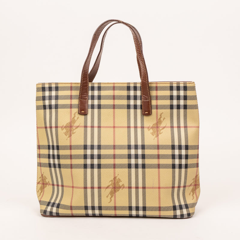 Burberry Double Handle Nova Tan Beige Checkered Tote Bag