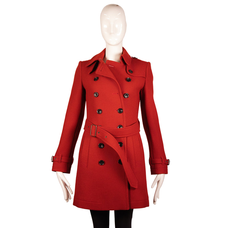 Burberry Brit Red Wool Belted Coat Size S