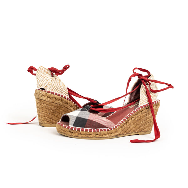 Burberry Red Tan and Black Check Fabric Wedge Espadrilles 39