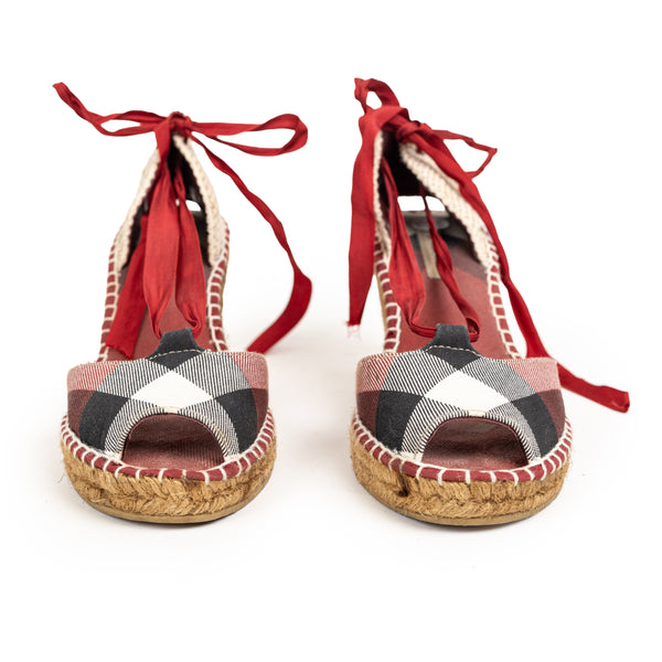 Burberry Red Tan and Black Check Fabric Wedge Espadrilles 39