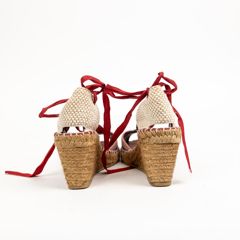 Burberry Red Tan and Black Check Fabric Wedge Espadrilles 39