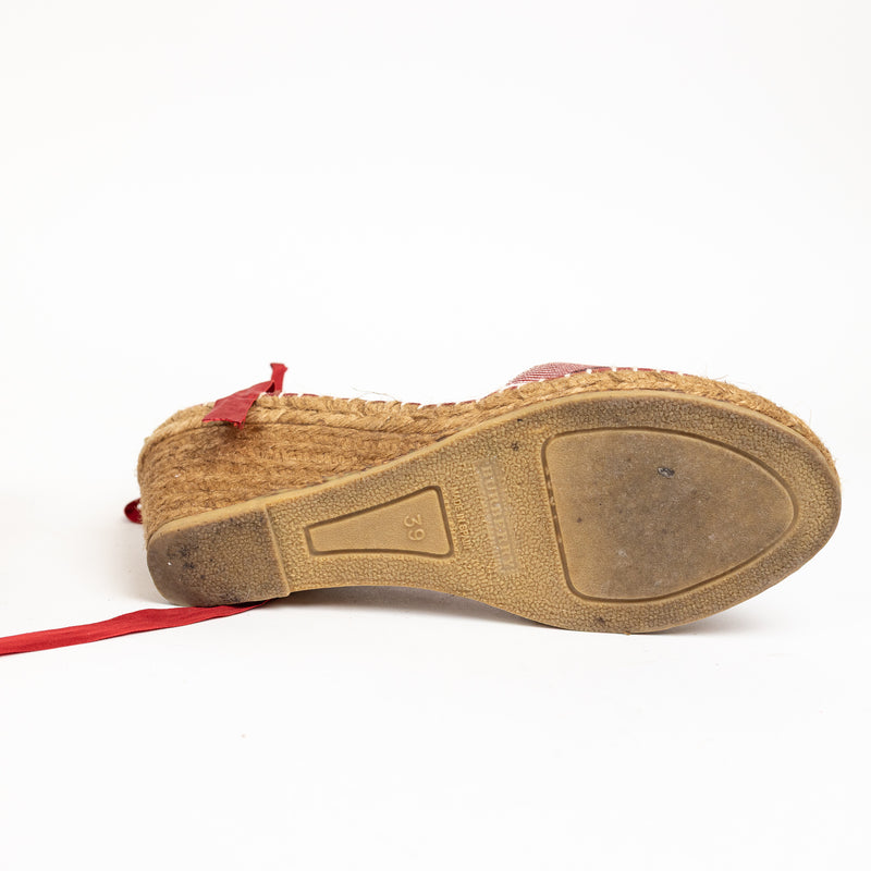 Burberry Red Tan and Black Check Fabric Wedge Espadrilles 39