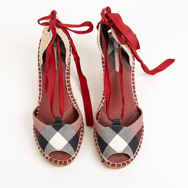 Burberry Red Tan and Black Check Fabric Wedge Espadrilles 39