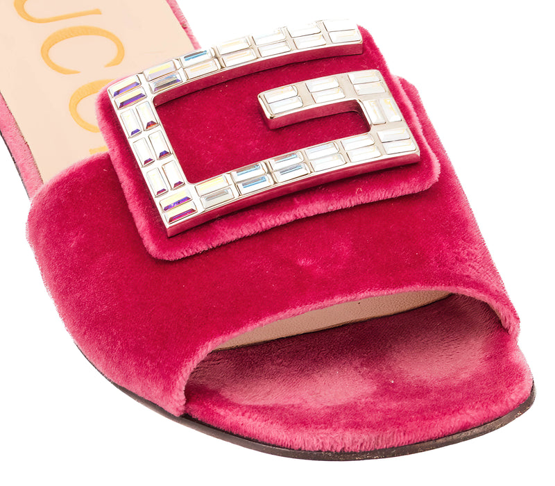 Gucci Rose Pink Velvet Crystal GG Slides Size 37