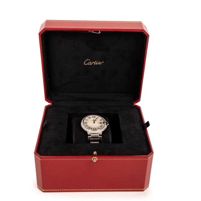 Cartier Stainless Steel Ballon Bleu 36mm Diamond Bezel Watch