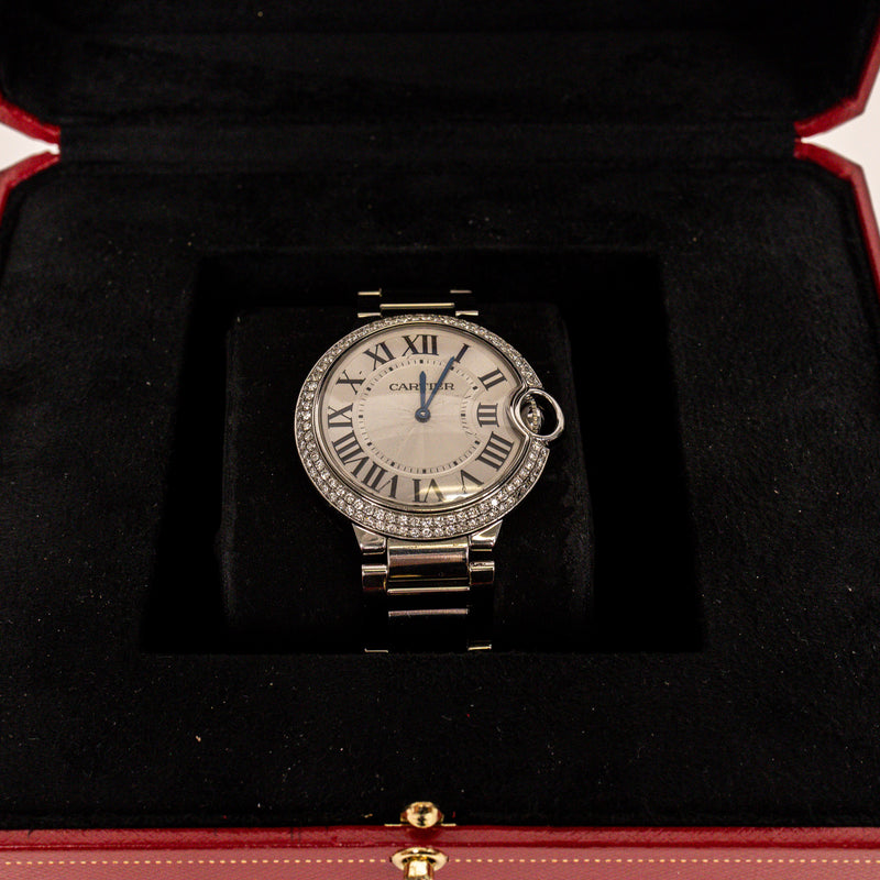 Cartier Stainless Steel Ballon Bleu 36mm Diamond Bezel Watch