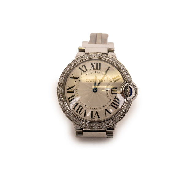 Cartier Stainless Steel Ballon Bleu 36mm Diamond Bezel Watch