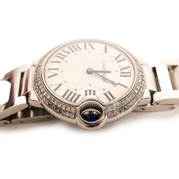 Cartier Stainless Steel Ballon Bleu 36mm Diamond Bezel Watch