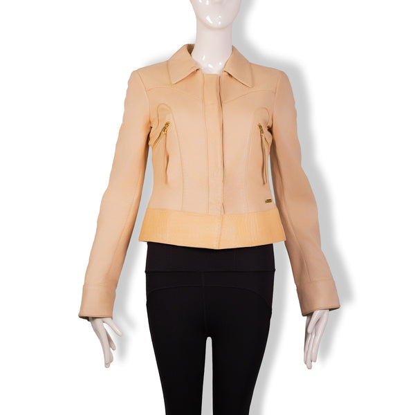 Roberto Cavalli Beige Nude Top Stitch Leather Jacket Size 40