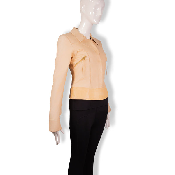 Roberto Cavalli Beige Nude Top Stitch Leather Jacket Size 40