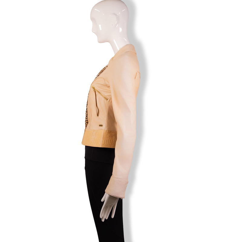 Roberto Cavalli Beige Nude Top Stitch Leather Jacket Size 40