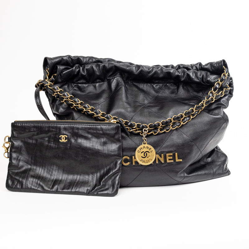 Chanel 22 Black Diamond Quilted Leather Bag with Pochette and Gold Hardware