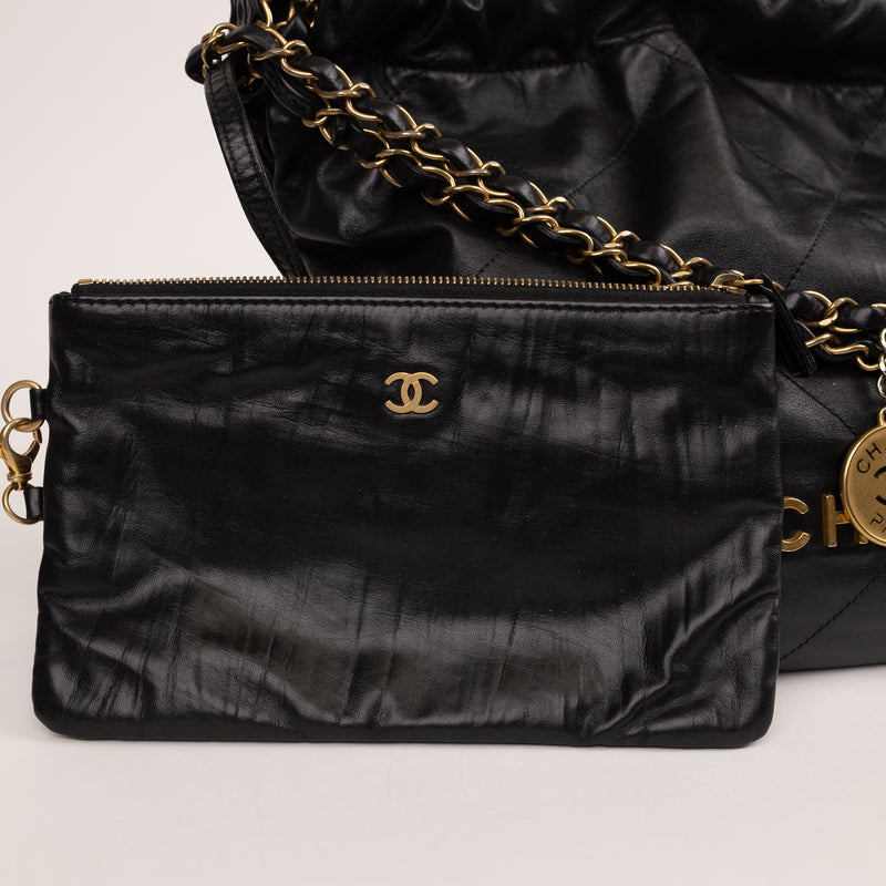Chanel 22 Black Diamond Quilted Leather Bag with Pochette and Gold Hardware