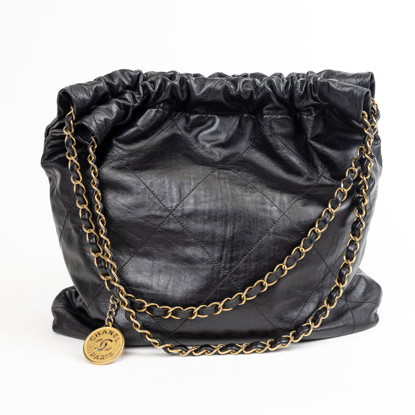 Chanel 22 Black Diamond Quilted Leather Bag with Pochette and Gold Hardware