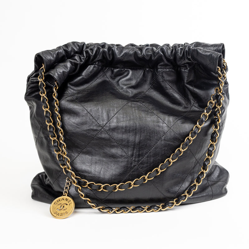 Chanel 22 Black Diamond Quilted Leather Bag with Pochette and Gold Hardware