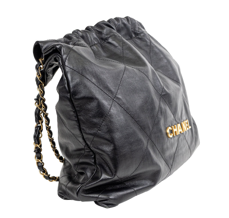 Chanel 22 Black Diamond Quilted Leather Bag with Pochette and Gold Hardware