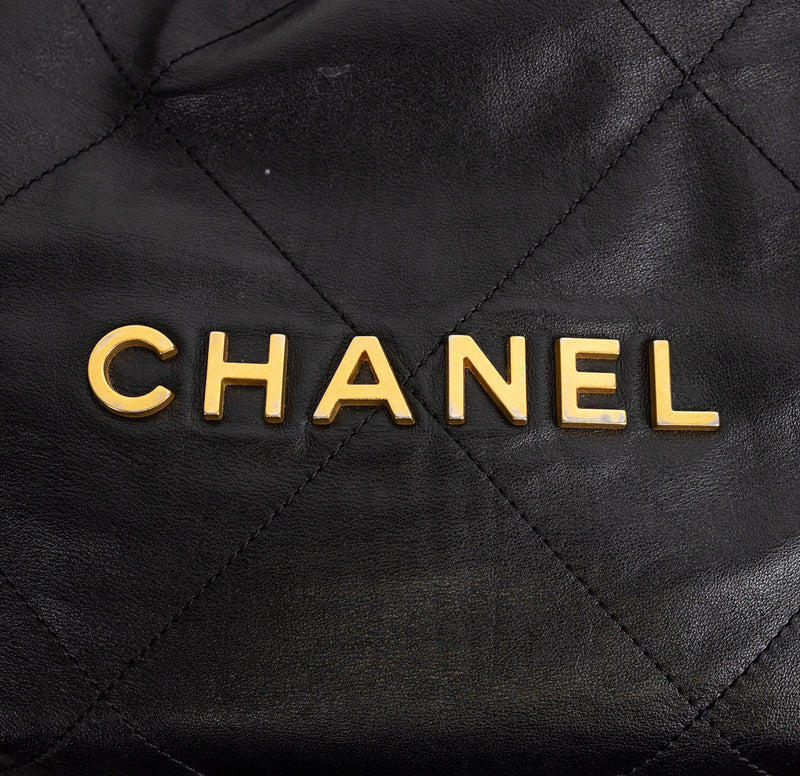 Chanel 22 Black Diamond Quilted Leather Bag with Pochette and Gold Hardware