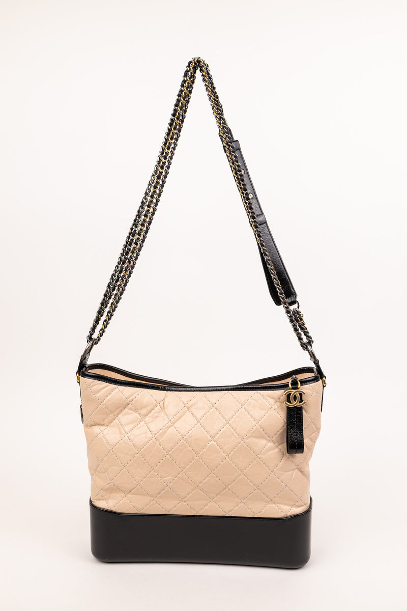 Chanel Beige Black Calfskin Quilted Gabrielle Hobo Bag