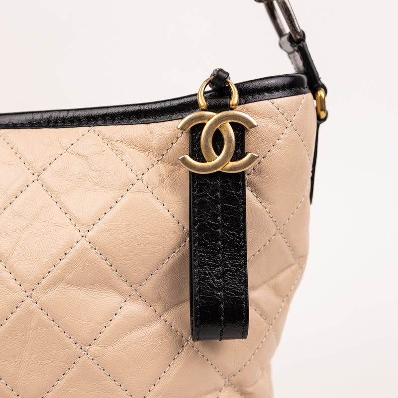 Chanel Beige Black Calfskin Quilted Gabrielle Hobo Bag