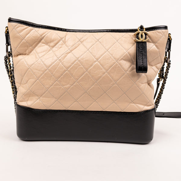 Chanel Beige Black Calfskin Quilted Gabrielle Hobo Bag