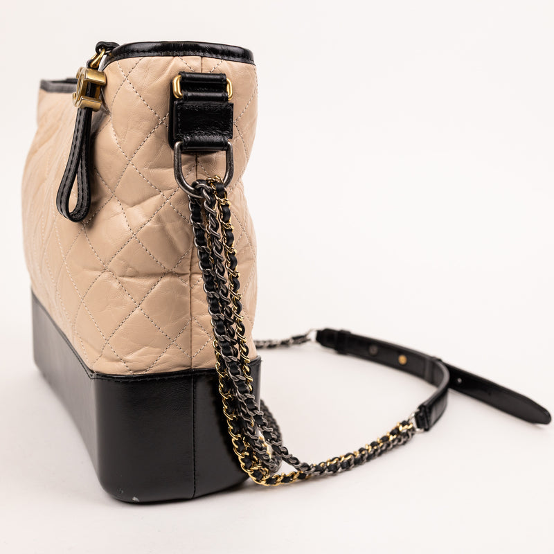 Chanel Beige Black Calfskin Quilted Gabrielle Hobo Bag