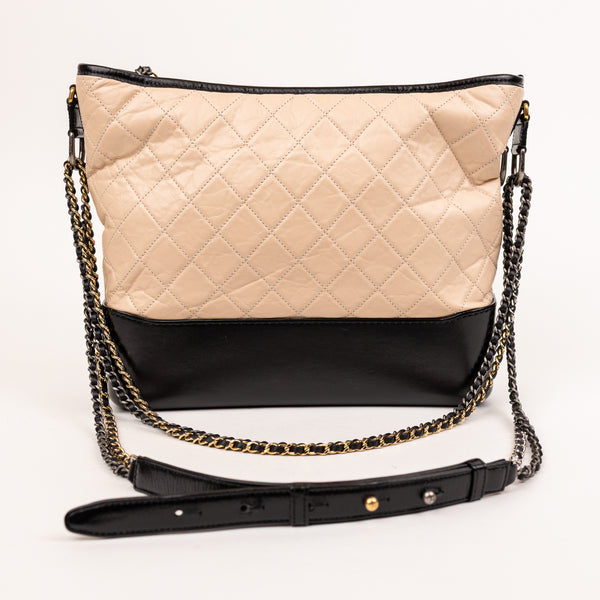 Chanel Beige Black Calfskin Quilted Gabrielle Hobo Bag