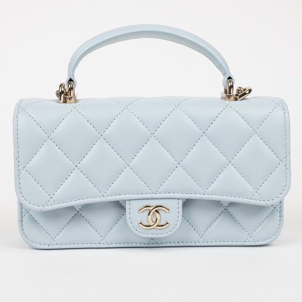 Chanel Baby Blue Quilted Lambskin Top Handle Rectangular Flap Bag