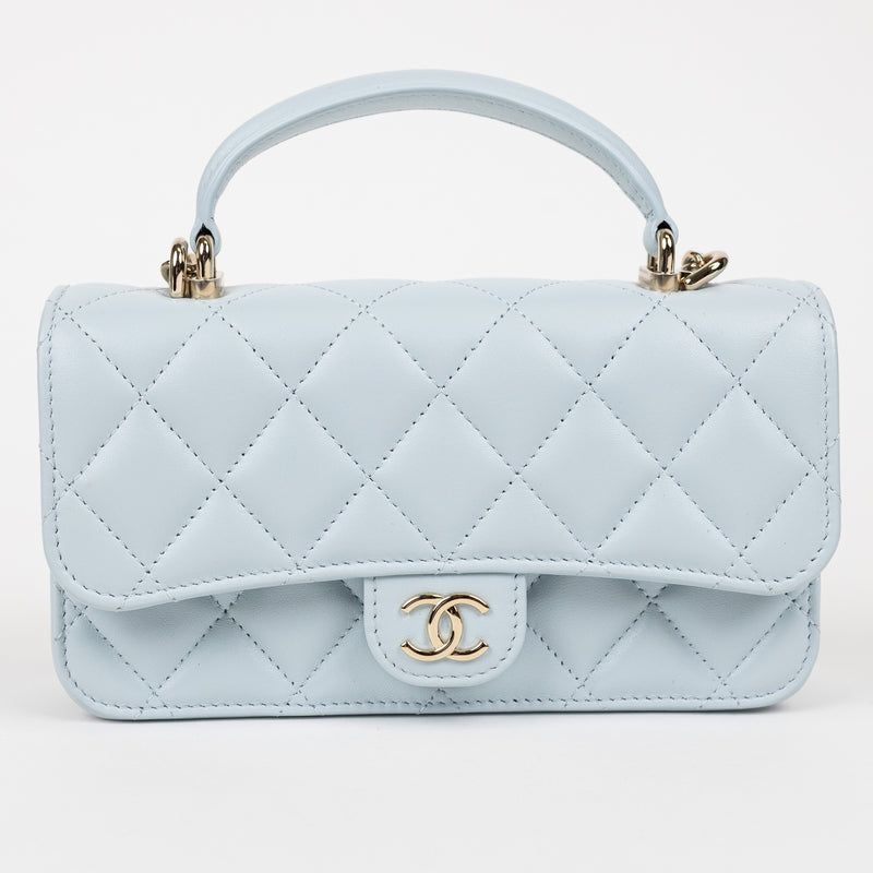 Chanel Baby Blue Quilted Lambskin Top Handle Rectangular Flap Bag
