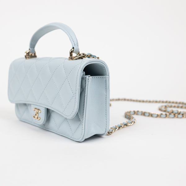 Chanel Baby Blue Quilted Lambskin Top Handle Rectangular Flap Bag
