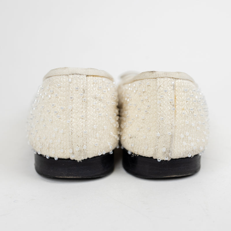 Chanel White Cream Tweed Pearl Beaded CC Cap Toe Ballet Flats Size 36.5