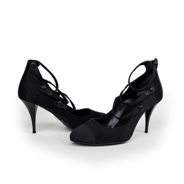 Chanel Black Satin Cap Toe Heels Size 37