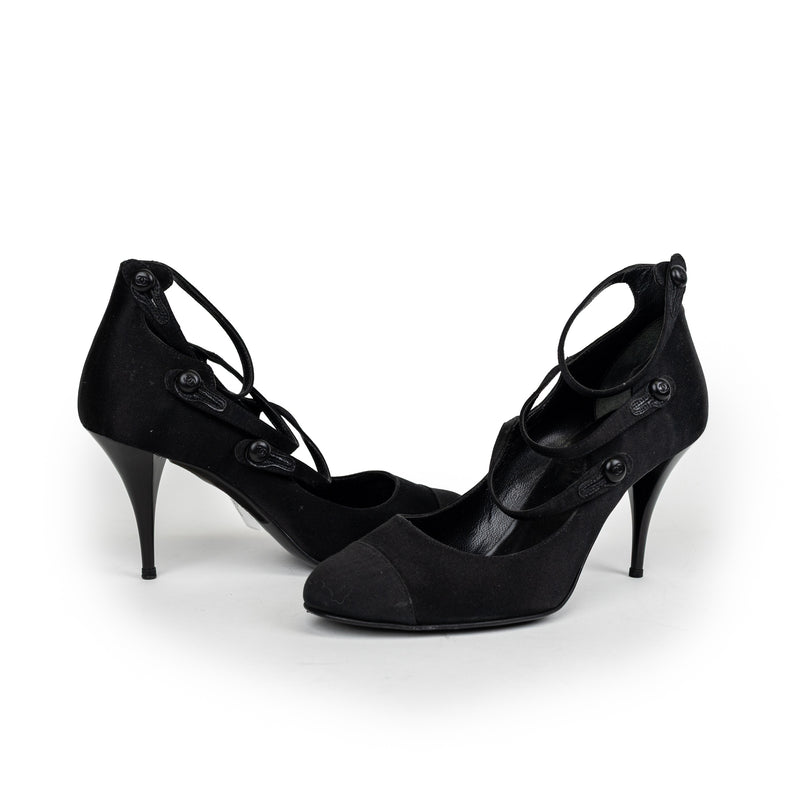 Chanel Black Satin Cap Toe Heels Size 37