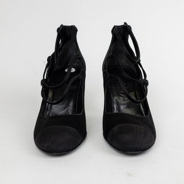 Chanel Black Satin Cap Toe Heels Size 37