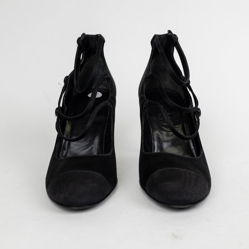 Chanel Black Satin Cap Toe Heels Size 37