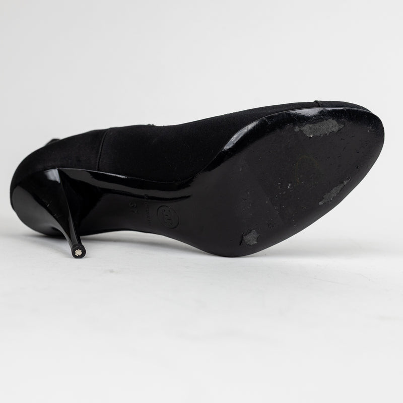 Chanel Black Satin Cap Toe Heels Size 37