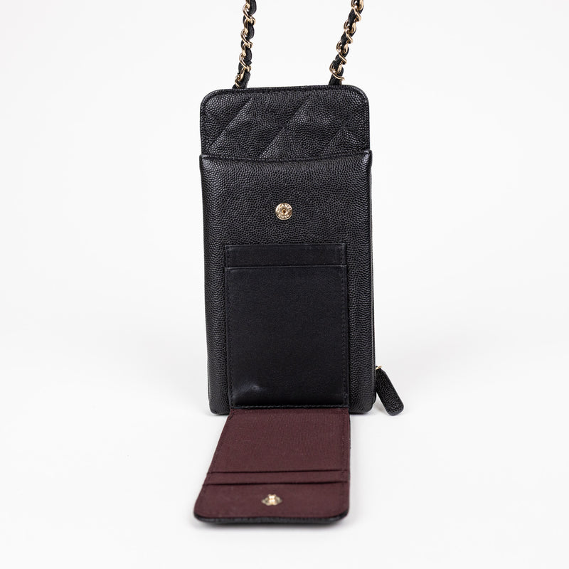 Chanel Black Caviar Leather Phone Holder with Chain