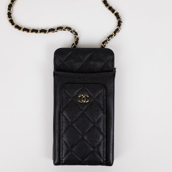 Chanel Black Caviar Leather Phone Holder with Chain