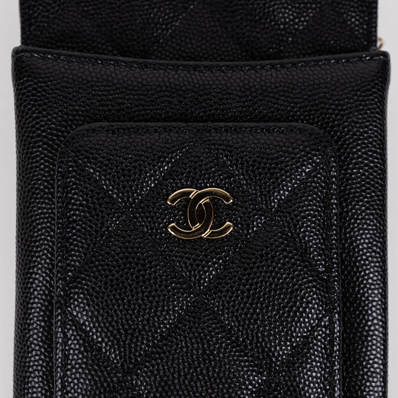 Chanel Black Caviar Leather Phone Holder with Chain