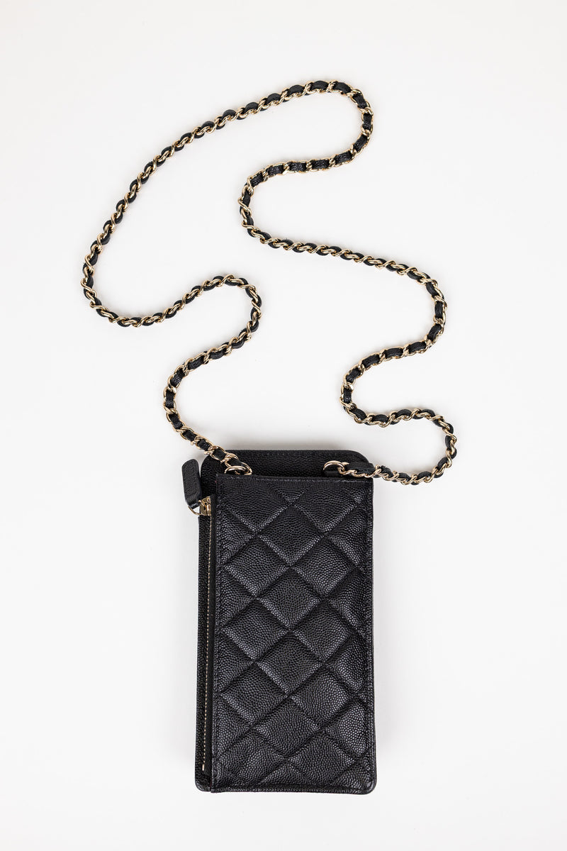 Chanel Black Caviar Leather Phone Holder with Chain