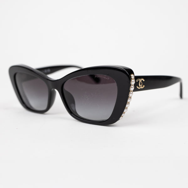 Chanel Black Acetate Cat Eye Pearl Sunglasses