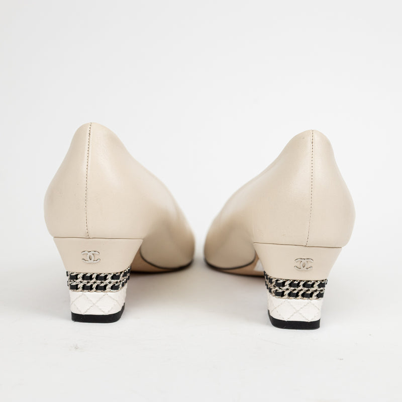 Chanel Beige and White CC Cap Toe Chain Detail Heels 39