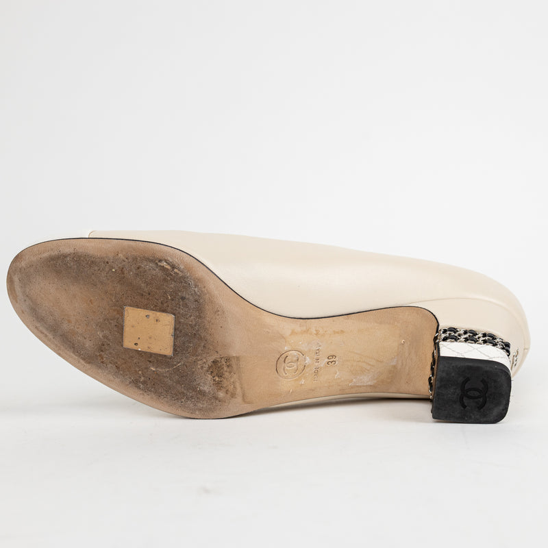 Chanel Beige and White CC Cap Toe Chain Detail Heels 39