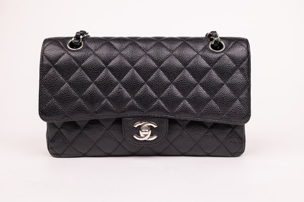 Chanel Black Caviar Leather Quitled Classic Double Flap Medium Handbag SHW