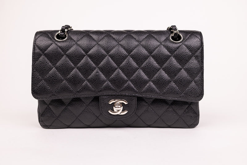 Chanel Black Caviar Leather Quitled Classic Double Flap Medium Handbag SHW