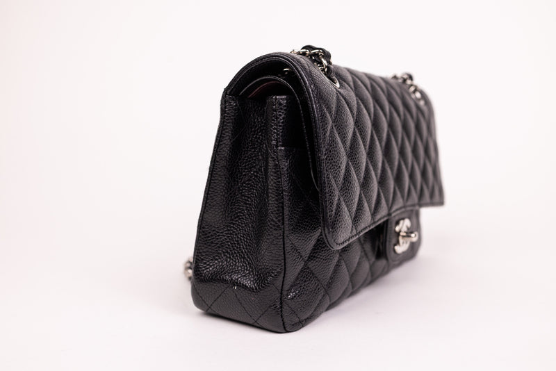 Chanel Black Caviar Leather Quitled Classic Double Flap Medium Handbag SHW