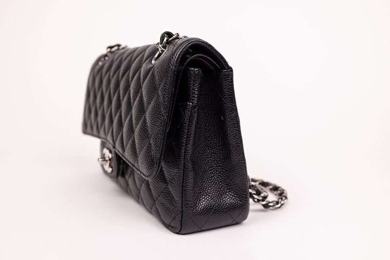 Chanel Black Caviar Leather Quitled Classic Double Flap Medium Handbag SHW