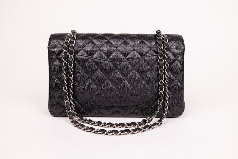 Chanel Black Caviar Leather Quitled Classic Double Flap Medium Handbag SHW
